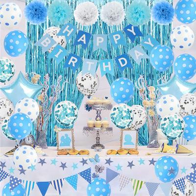 China Luxurious Blue Birthday Party Decorations with Fabric Pom Pom Flowers Happy Birthday Banner Star Balloons Happy Birthday Party Supplies for sale