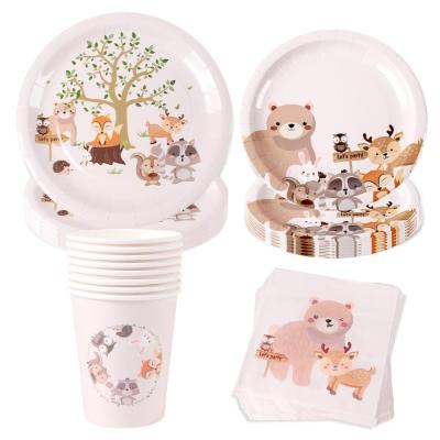 China Disposable Party Paper Cute Animal Dishes With Fox Tableware Dishes Party Dishes Set For Happy Birthday Party Decoration Supplies for sale