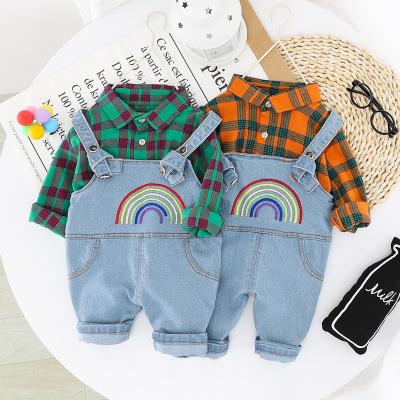 China 2760 Single Breasted Children's Clothing Sets Spring Autumn Korean Style Boys Plaid Shirt + Rainbow Cowboy Suspender Two Piece Long Sleeve for sale