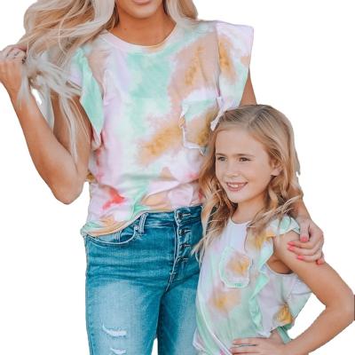 China Breathable Wholesale Multicolor Tie Dye Ruffled Sleeve Summer T-Shirt for sale