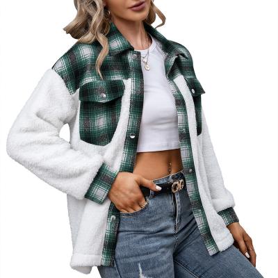 China Wholesale Breathable Women Plaid Fleece Splice Turn Down Collar Single Breasted Jacket Shacket for sale