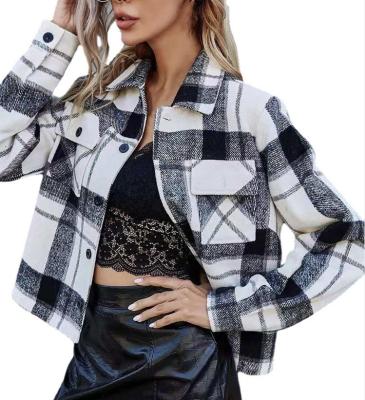 China Wholesale Breathable Casual Short Plaid Long Sleeve Cardigan Lapel Women Woolen Coat for sale