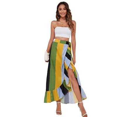 China Wholesale Breathable Women Summer Stripe Irregular Ruffle Maxi Skirts for sale