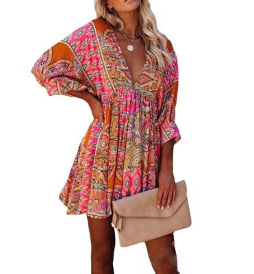 China 2022 Summer Breathable Cheap Women Sexy Pink V-Neck 3/4 Sleeve Boho Skater Dress for sale