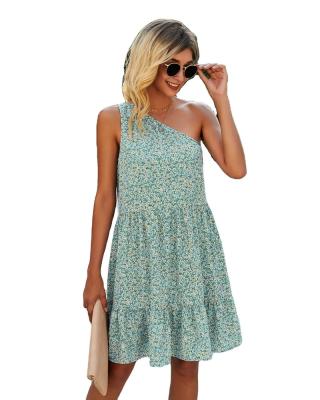 China 2022 Wholesale Summer Women Sexy Breathable Floral One Shoulder Skater Dress for sale