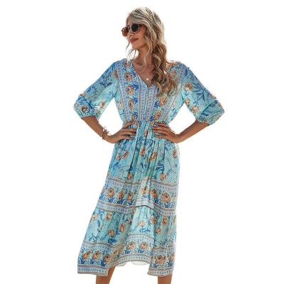 China Wholesale Breathable Floral Print Casual Three Quarter Sleeve Boho V-Neck Long Summer Women Dress for sale