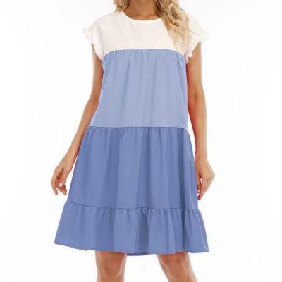 China Breathable Wholesale Women Color Block Short Sleeve Babydoll Dress for sale