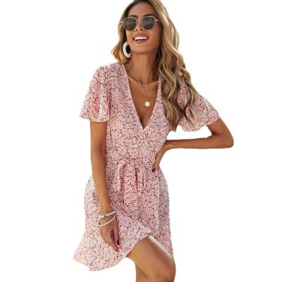 China Wholesale Breathable V Neck Short Sleeve Summer Women Floral Ruffle Mini Dress for sale