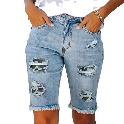 China Wholesale Waterproof Women Mid Rise Ripped Camouflage Patches Denim Bermuda Shorts for sale