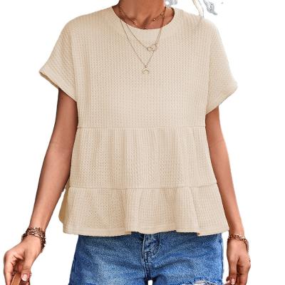 China Breathable Wholesale Women Summer Waffle Crew Neck Breasted Shorts Sleeve Panel Top for sale