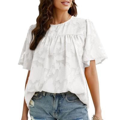 China 2022 Summer Fashionable Women Blouse Half Sleeve Wholesale Floral Textured Babydoll Breathable Ruffled Top for sale