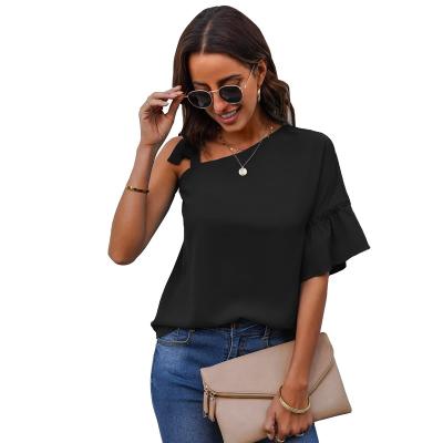 China Breathable Wholesale Women Summer Collar Ruffle Sleeve Chiffon Oblique Top for sale