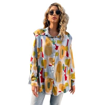 China Breathable Wholesale Women Long Sleeve Loose Printing T Shirt Blouse for sale