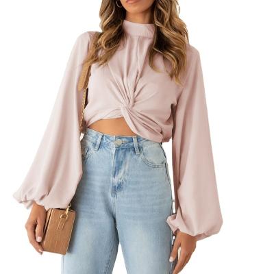 China Breathable Women Wholesale Hot Sale Show Belly Solid Color Lantern Sleeve Sexy Twist Top for sale