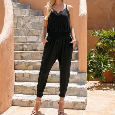 China 2022 Summer Hot Selling Women's Breathable Sexy V-neck Black Spaghetti Straps Overalls With Long Pants for sale