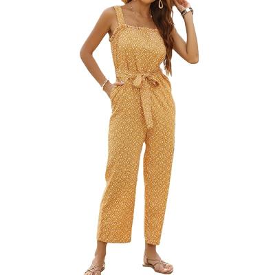 China Wholesale Women Breathable Yellow Floral Square Neck SlipJumpsuit for sale