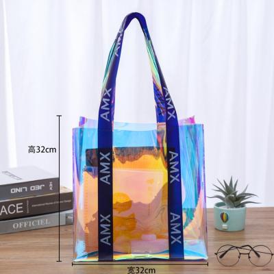 China Fashion Recyclable Custom Iridescent Clear PVC Hologram Holographic Tote Shopping Bag With Logo for sale