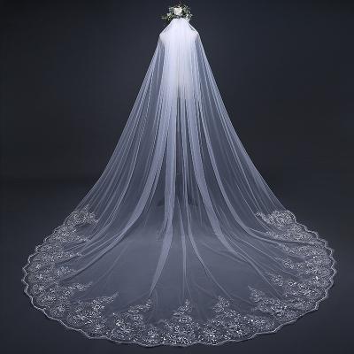 China Long Flower Lace Trailing Bridal Veil With 3M Bride Veil Chapel Wedding Veil for sale