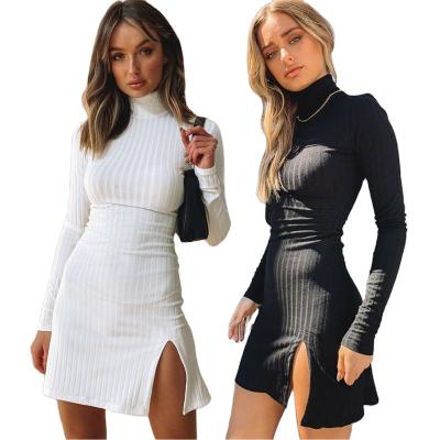 China Anti-Static Women's Slim Empire Waist None Decoration Summer Ribbed Long Sleeve High Neck Dress Bodycon Dress for sale