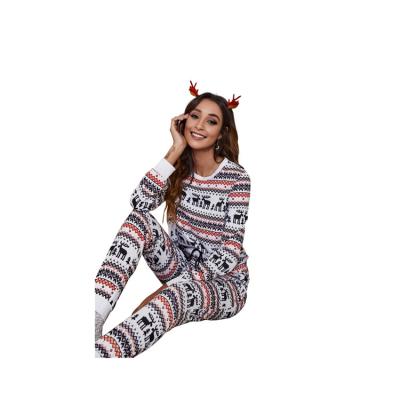 China Anti-wrinkle Christmas sweater ladies suit short waist belly top and pants fashion print sexy open clothing for sale