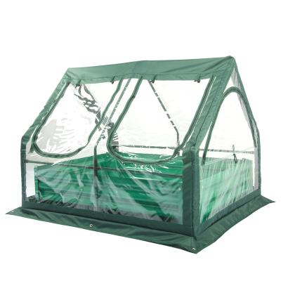 China Modern Galvanized Steel Raised Garden Bed With Large Zipper Windows 600D Oxford Greenhouse Roof 2 Doors And Planter Kit Box for sale