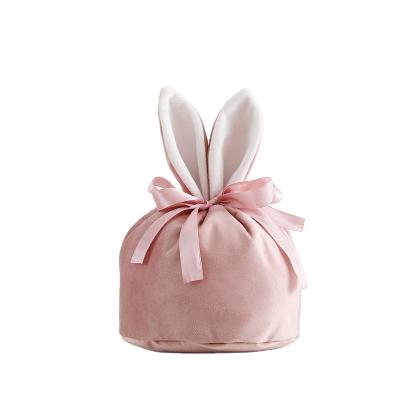 China Easter Decoration Supplies Pink Round Drawstring Velvet Fabric Gift Pouches Bottom Jewelry Bags Faux Pearl Charm For Wedding Favors, Christmas for sale