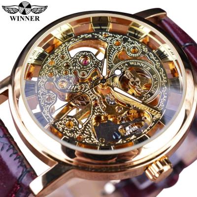 China New Winner Water Resistant New Design Wrist Watch For Men's Cavity Dial Band Automatic Mechanical Watches Alloy Leather Case for sale