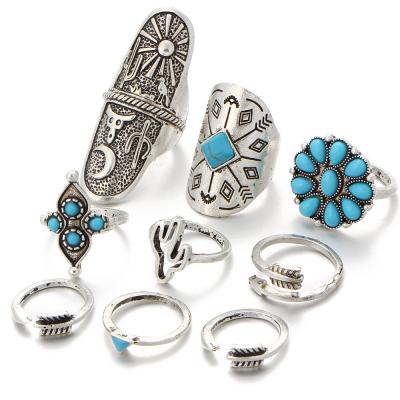 China BOHEMIA folk style Artilady Bohemia Tribal Nine Piece Jewelry Ring Set, Turquoise Gemstone Jewelry Set for sale