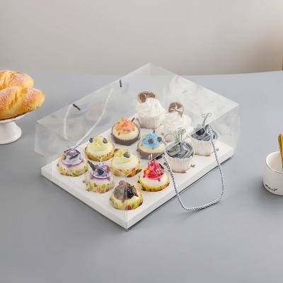 China Recycled Materials Cupcake Box with String Bestseller Clear Plastic Mini Cake Box Top Handle Food PET 4 Holes Transparent Cupcake Boxes with Rope for sale