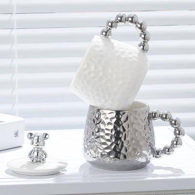 China Sustainable 430ml pearls handgrip hamdle Electroplating ceramic mug coffee cups cute new women girls gifts bear lid Ceramic mugs wholesale for sale