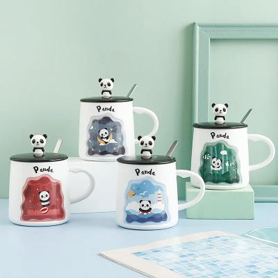 China Sustainable 380ml relief panda ceramic mug with handgrip super cute cartoon student gift coffee Cup With cover spoon for sale