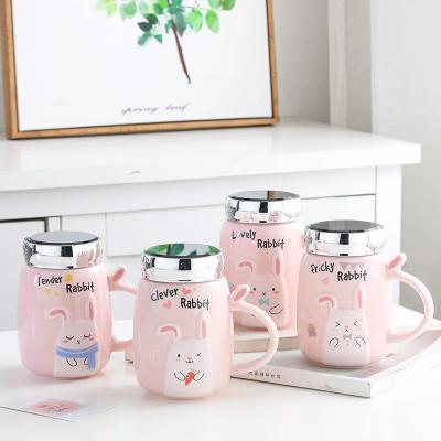 China Sustainable 3D relief cartoon cute rabbit ceramic cup 420ml handgrip Creative mirror cover handle office coffee milk water mug cups for sale