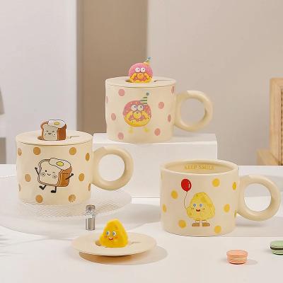 China Sustainable 350ml  Cute Cartoon Ceramic mug cup girl Ceramic coffee milk Cheese Cup mug with lid round handgrip for sale