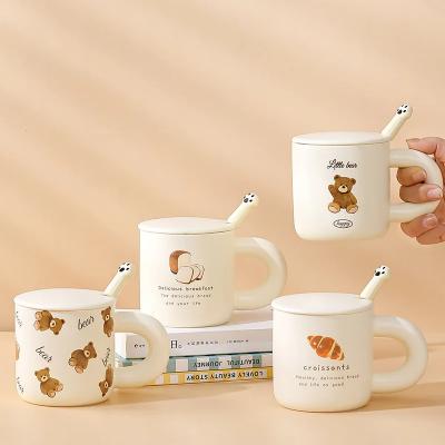 China Sustainable 400ml Ceramic Cartoon Cartoon bear mug with cover paw print spoon ceramic cup milk bread mug Breakfast Coffee Milk Cup for sale