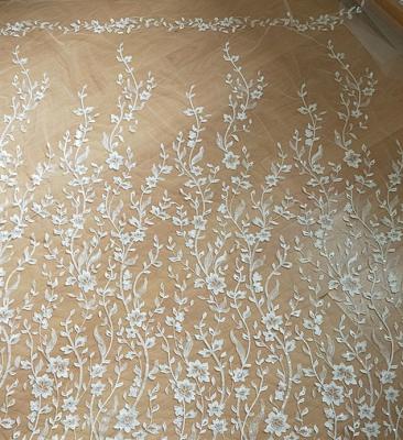 China Workable Embroidery Wedding Dress Veil Lace Fabric White Flower Embroidered Bridal Lace Fabric for sale