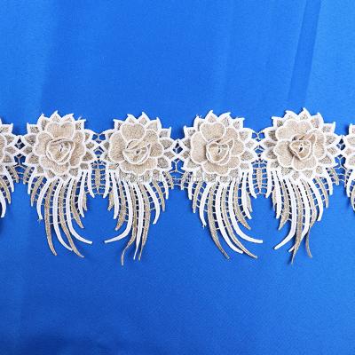 China 3D Handmade Fashion 3D Lace Trim Handmade Lace Beaded Gold Tassels 3D Flower Lace Trim for sale