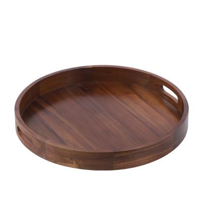 China Acacia round wooden food tray large capacity with handle suitable for home and restaurant 50*50cm for sale