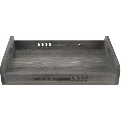 China Sustainable Vintage Rustic Pine Burnt Color Large Rectangular Wood Tray With Handle for sale