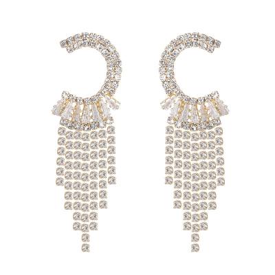 China Fashionable Elegant Jewelry S925 Silver Ladies C Shape Stud Earrings With Long Rhinestone Tassel For Party for sale