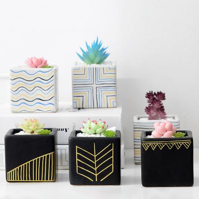 China Modern Nordic Hand Painted Square Matte Black Succulent Pot Flower Design Ceramic Pot for Indoor Plants for sale