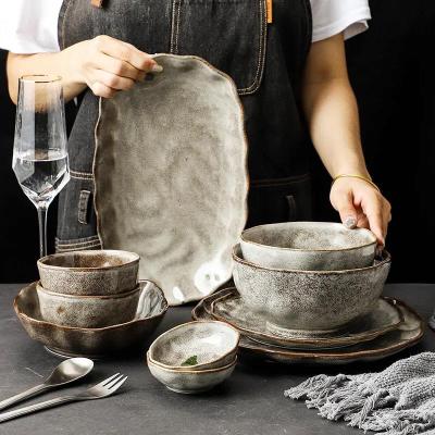 China New Design Stocked Dinnerware Set Japanese Bowls Ceramic Dinner Plate Set Irregular Luxury Porcelain Dinner Set for sale