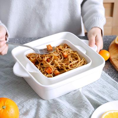 China Viable Wholesale Kitchen Microwave Oven Used Bakeware Set Square Tray Casserole White Ceramic Baking Dish for sale