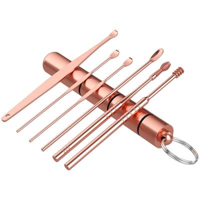 China 2021 portable hot selling 6-in-1 rose gold ear pick tools black silver curete remover for sale