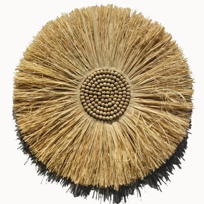 China Wholesale Round Raffia Nautical Sun And Beads Wood Craft For Home Decor Wall Decoration 43cm for sale