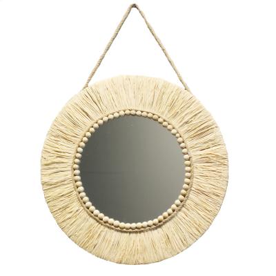 China Art Deco Wholesale Round Raffia and Wooden Beads Reflect Craft for Home Decoration Wall Decor 23cm Sunshine Mirror for sale