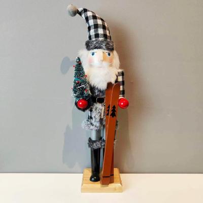 China High Quality Wooden USA Skiing Christmas Nutcracker Soldier in Black+White Plaid Home Decor 38cm/15in for sale