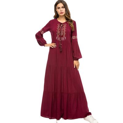 China Plus Size Breathable Chiffon Women's Lantern Long Sleeve Wine Embroider Tassel Maxi Layers Dress for sale