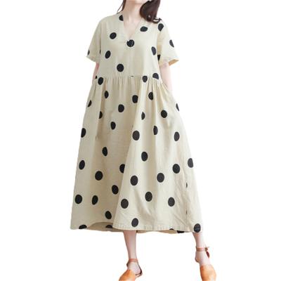 China Breathable Women's Dot Cotton Linen Dress With Side Pocket Plus Size Breathable V-neck Polka Dot Loose One-Piece Dress for sale