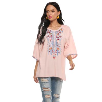 China Custom Pink Anti-pilling Anti-pilling Garment Factory Women Embroidered Loose-Sleeved Top Shirt Blouse for sale