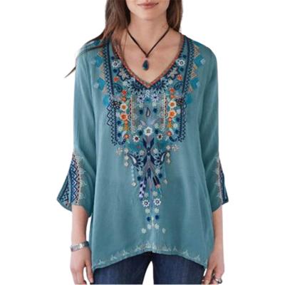 China Elegant Embroidered Anti-pilling Shirt Women Summer Anti-pilling Tops Floral Half Sleeve Cotton Blouse Casual Clothes for sale